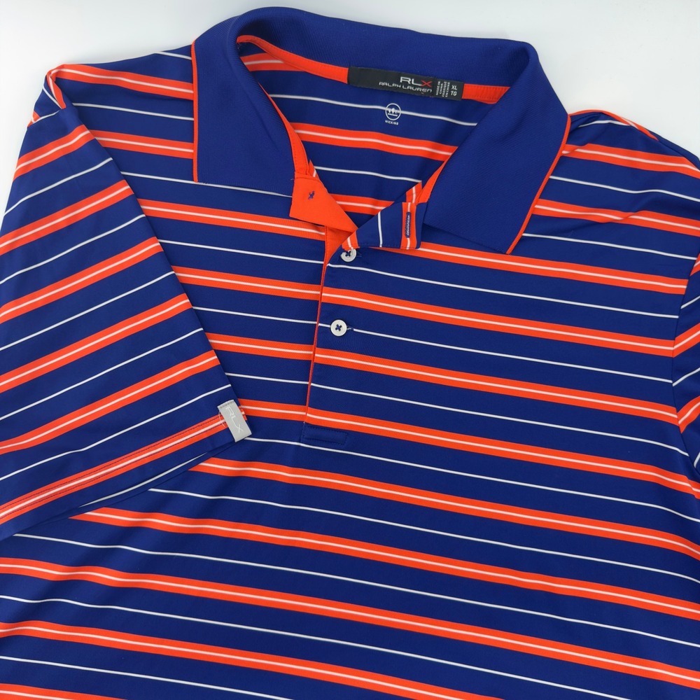RLX Ralph Lauren Mens XL Blue Orange Striped Wicking Performance Golf Polo Shirt